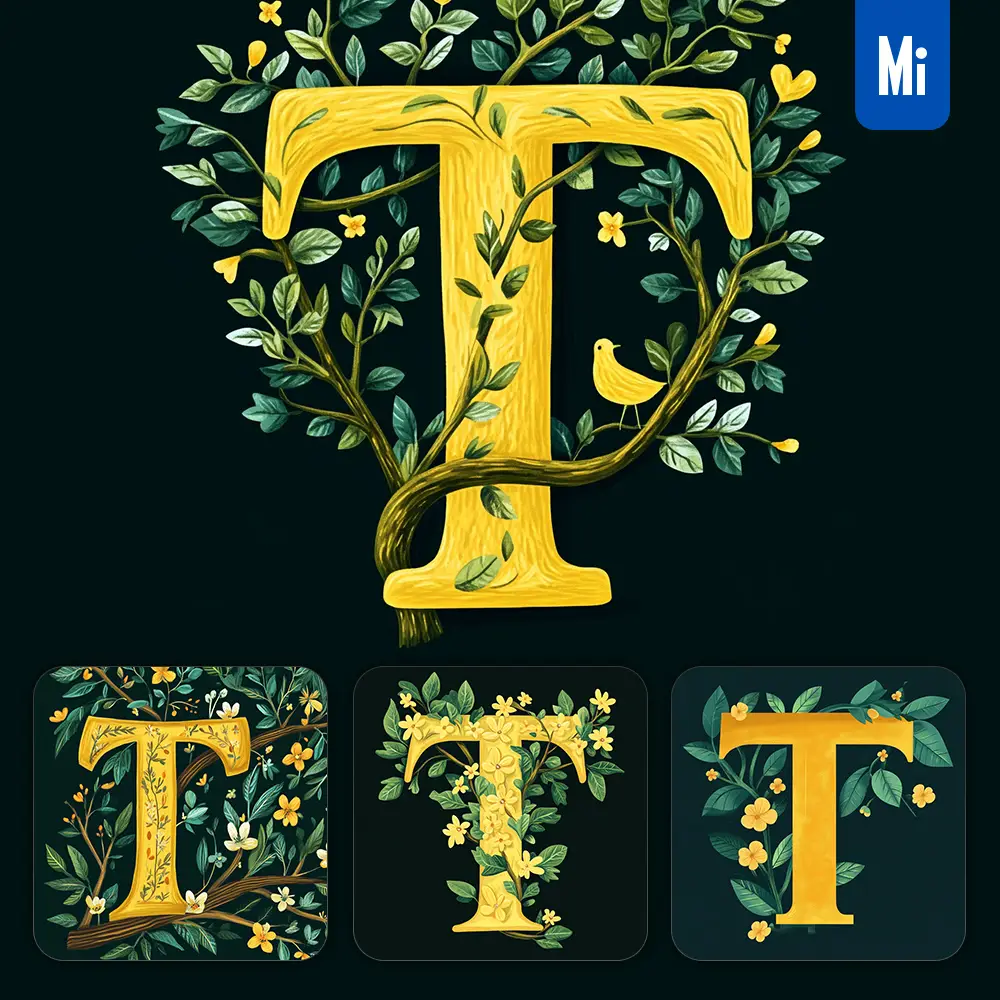 midjourney prompt T letter text yellow leaf leaves tree branches illustration vector drawing
