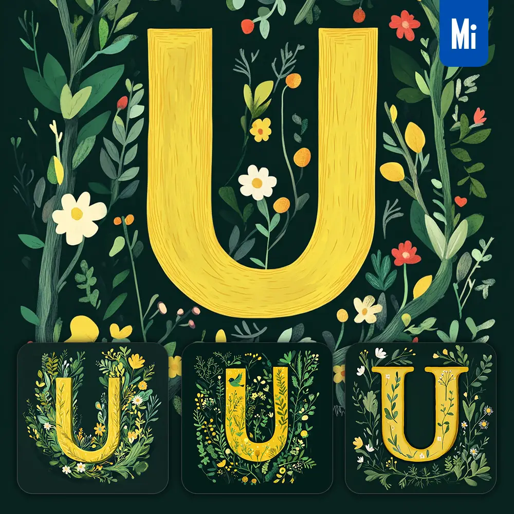 midjourney prompt U letter text yellow leaf leaves tree branches illustration vector drawing