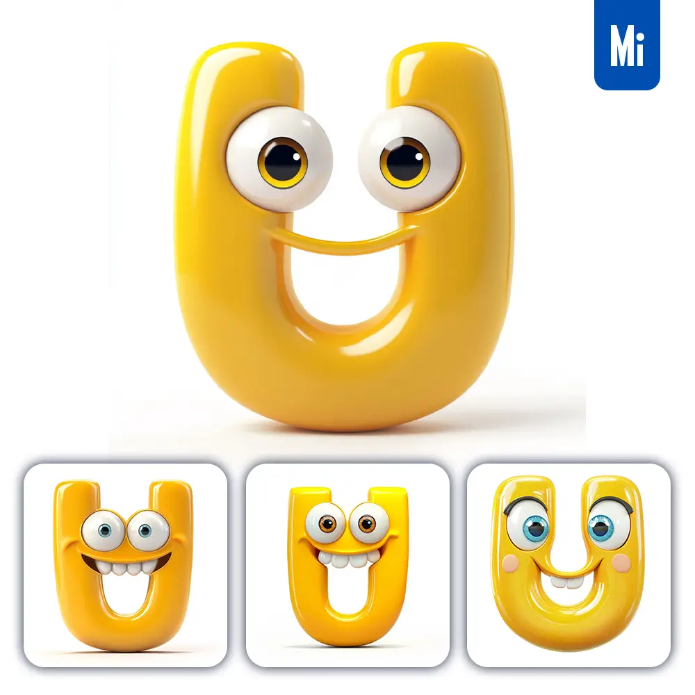 midjourney prompt U yellow capital letter cute cartoon 3D smile eyes icon