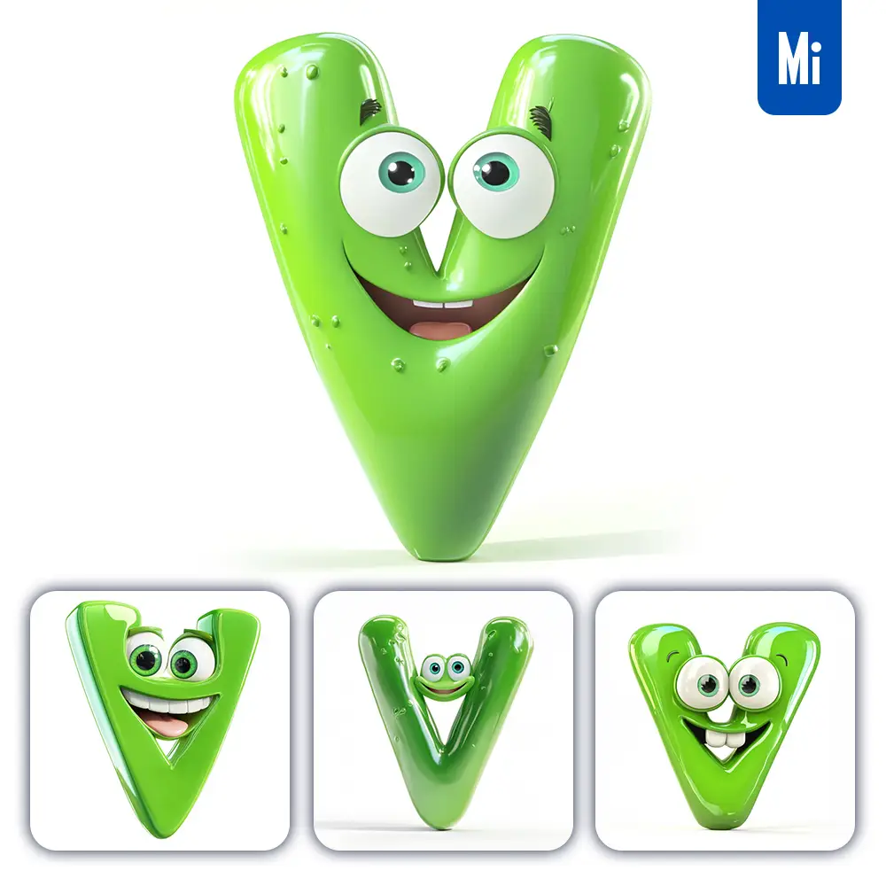 Midjourney Prompt V Green Capital Letter Cute Cartoon 3d Smile Eyes Icon