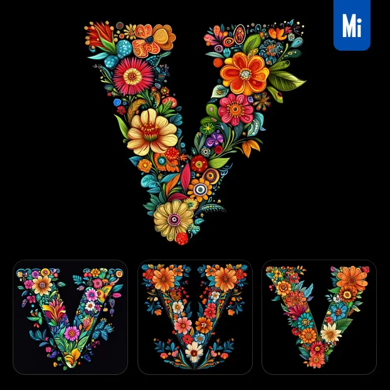 midjourney prompt V letter test flower colorful illustration logo