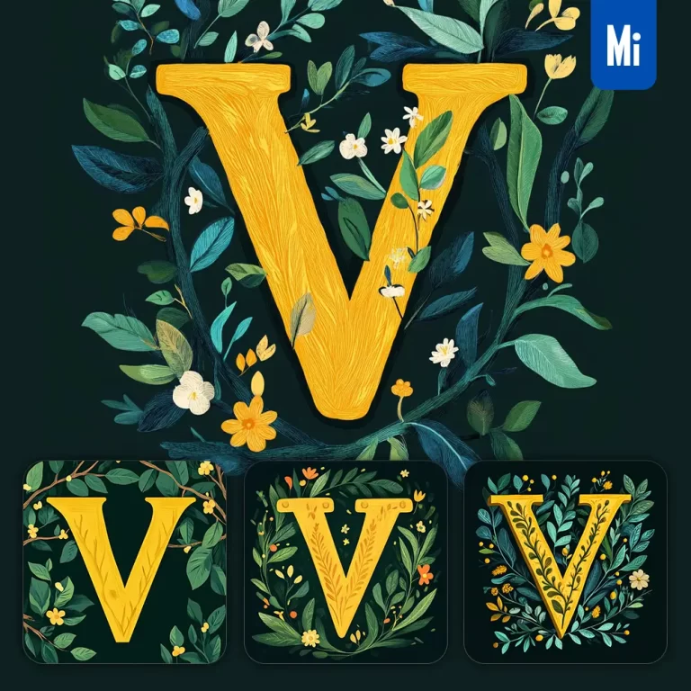 midjourney prompt V letter text yellow leaf leaves tree branches illustration vector drawing