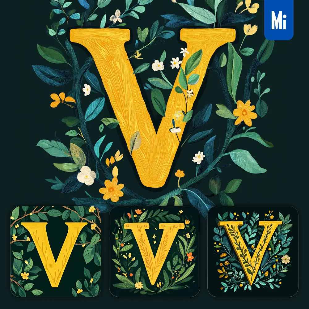 midjourney prompt V letter text yellow leaf leaves tree branches illustration vector drawing
