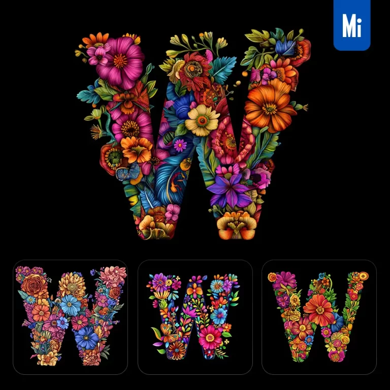 midjourney prompt W letter test flower colorful illustration logo