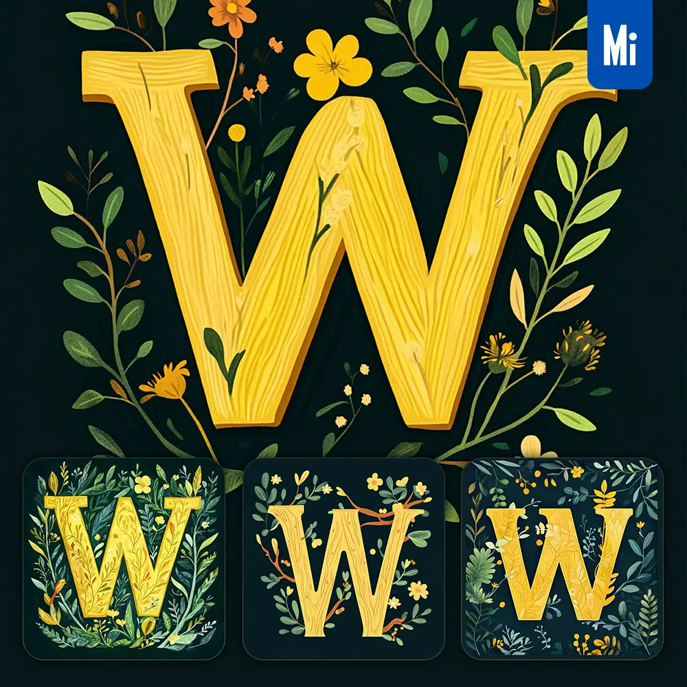 midjourney prompt W letter text yellow leaf leaves tree branches illustration vector drawing