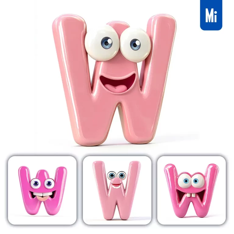 midjourney prompt W pink capital letter cute cartoon 3D smile eyes icon