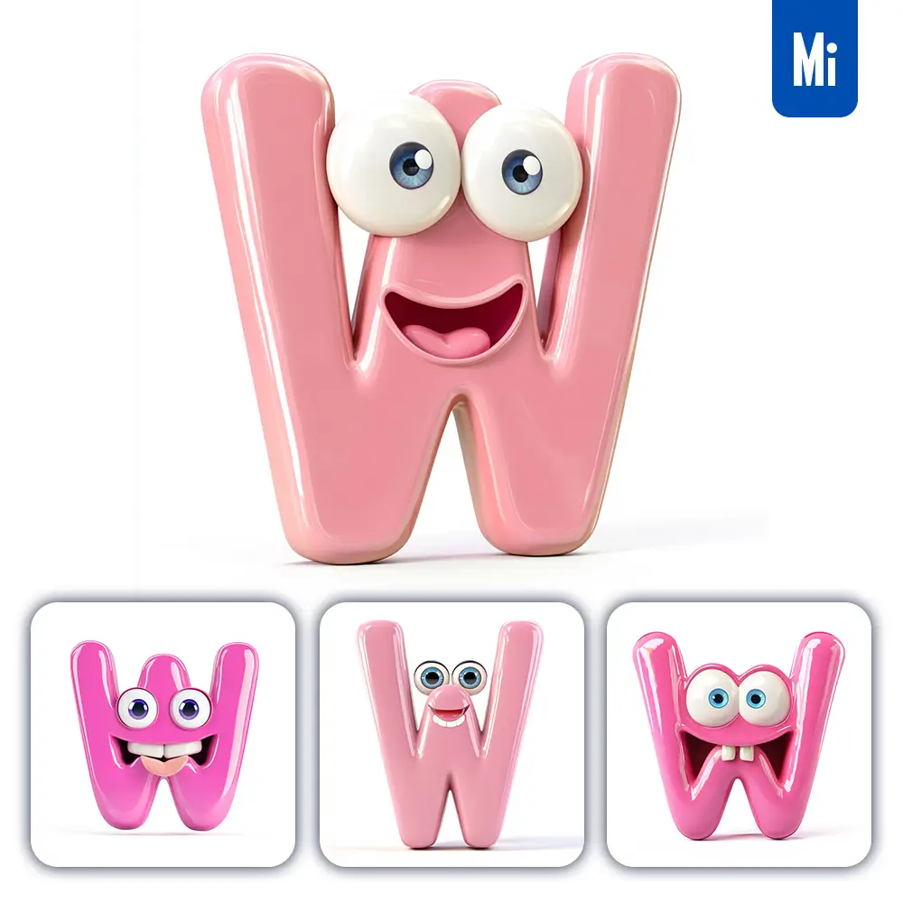midjourney prompt W pink capital letter cute cartoon 3D smile eyes icon