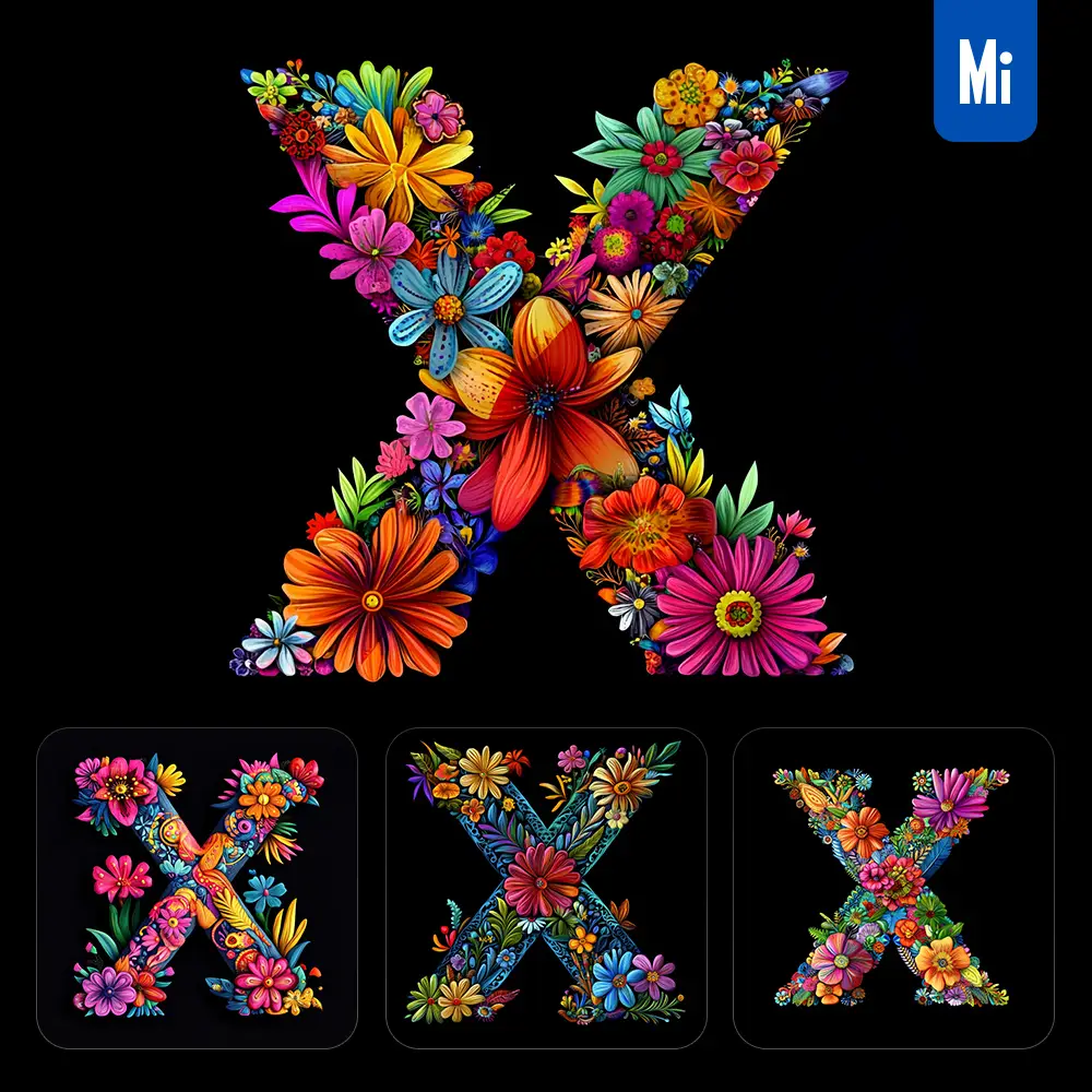 midjourney prompt X letter test flower colorful illustration logo