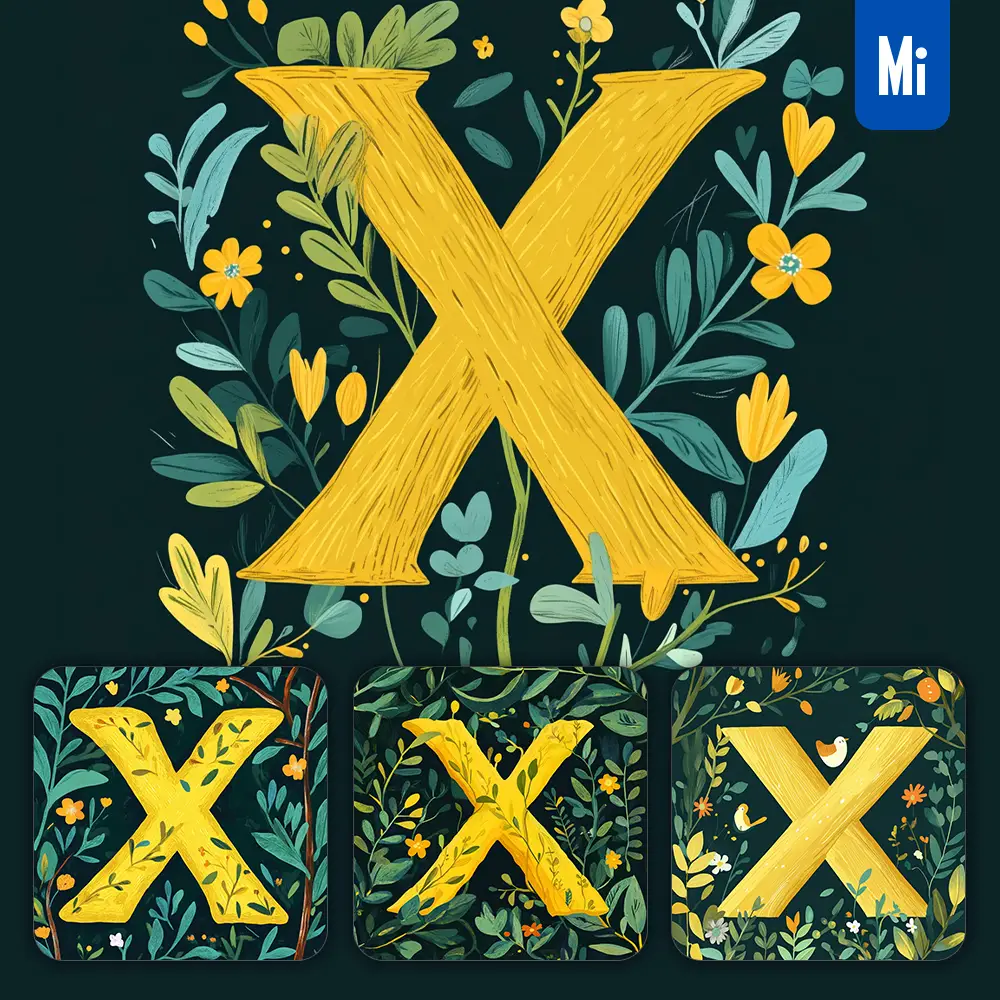 midjourney prompt X letter text yellow leaf leaves tree branches illustration vector drawing