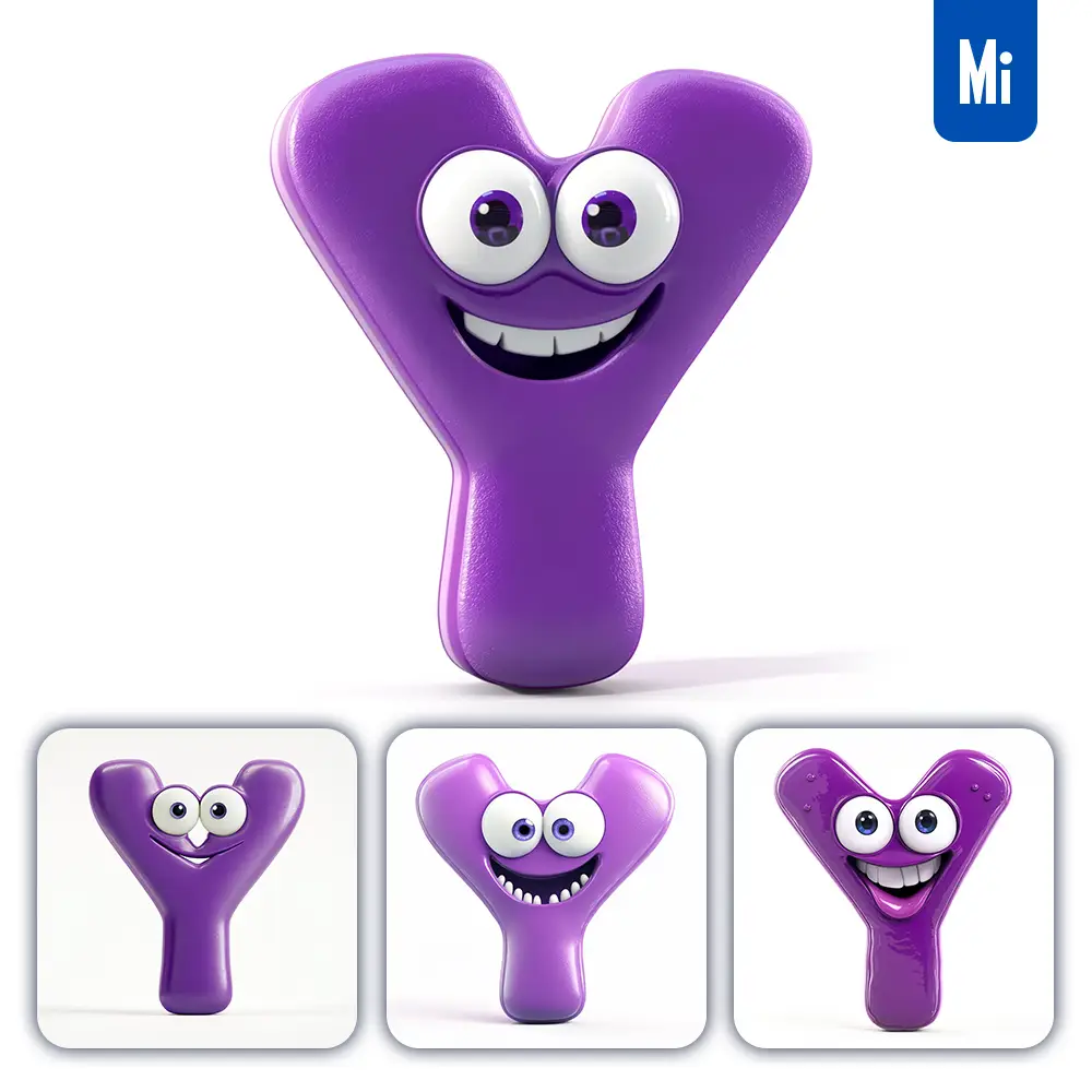 Midjourney Prompt Y Purple Capital Letter Cute Cartoon 3d Smile Eyes Icon