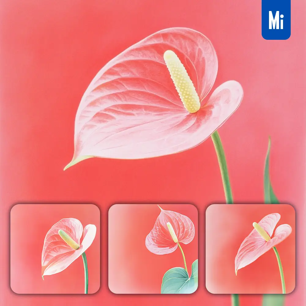 midjourney prompt anthurium flower red pink leaves close up photography