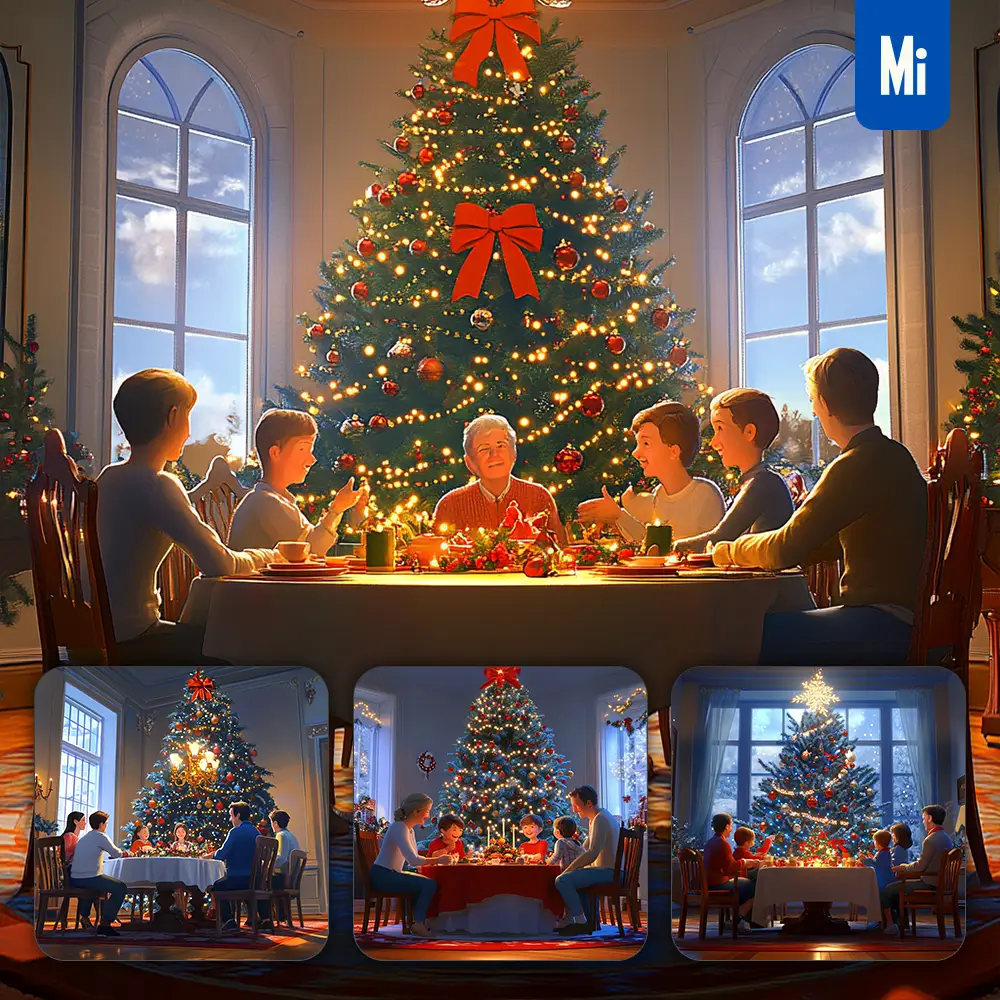 midjourney prompt dinner family happy Christmas eve dine tree together illustration