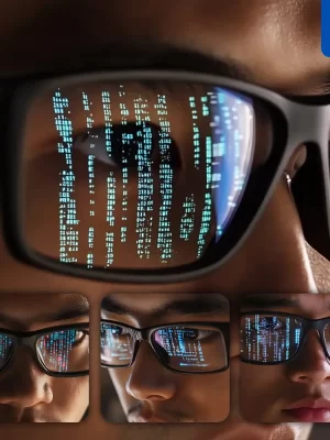 Midjourney Prompt Man Programmer Face Technology Screen Code Glasses Internet Hacker Close Up Macro Photography