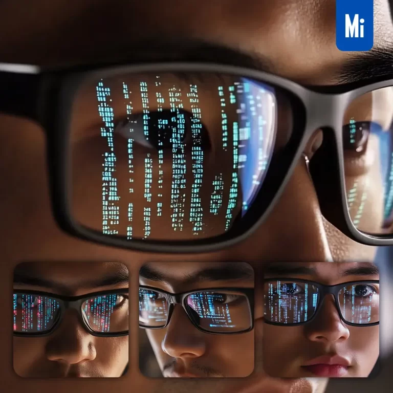 midjourney prompt man programmer face technology screen code glasses internet hacker close up macro photography