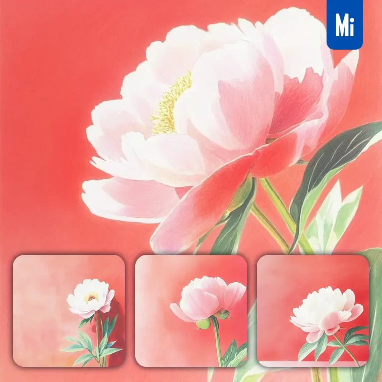 midjourney prompt pink peony flower red leaves close up photography