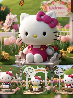 Ideogram Prompt Hello Kitty 3d Anime Garden Wooden Bench Sit Tulip Flower