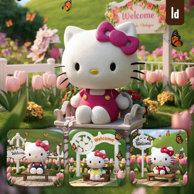 ideogram prompt Hello Kitty 3D anime garden wooden bench sit tulip flower