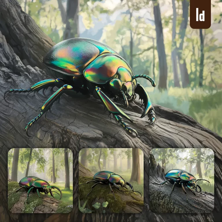 ideogram prompt beetle macro close-up shell trunk tree forest 3D photography
