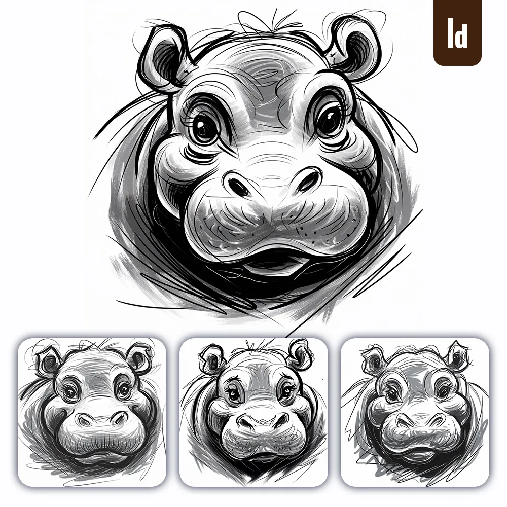 Ideogram Prompt Hippo Black And White Sketch Face Head Drawing Painting Scribbles