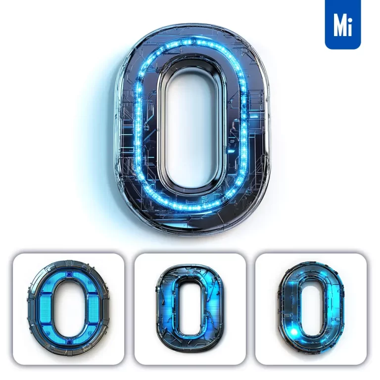 midjourney prompt 0 Number cyberpunk steel technology futuristic 3D blue