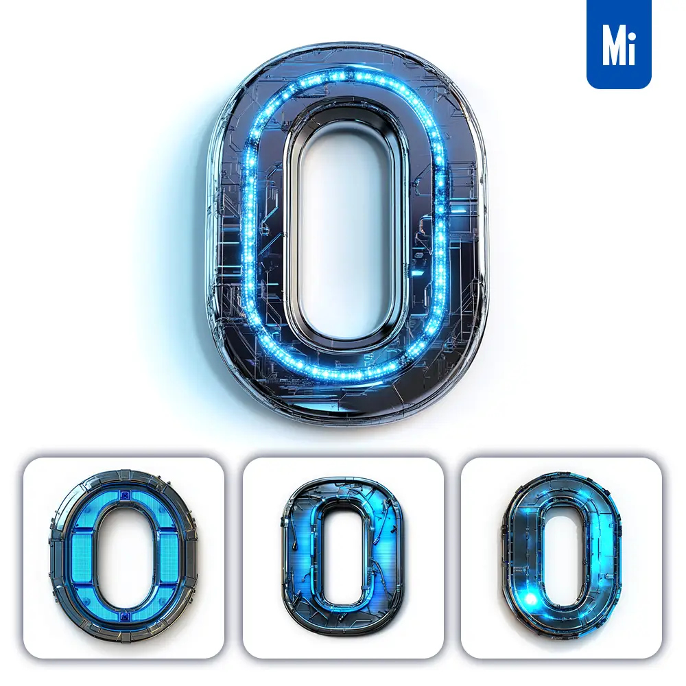 midjourney prompt 0 Number cyberpunk steel technology futuristic 3D blue