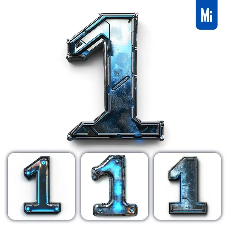 midjourney prompt 1 Number cyberpunk steel technology futuristic 3D blue