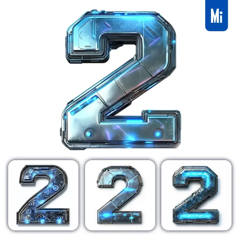 midjourney prompt 2 Number cyberpunk steel technology futuristic 3D blue