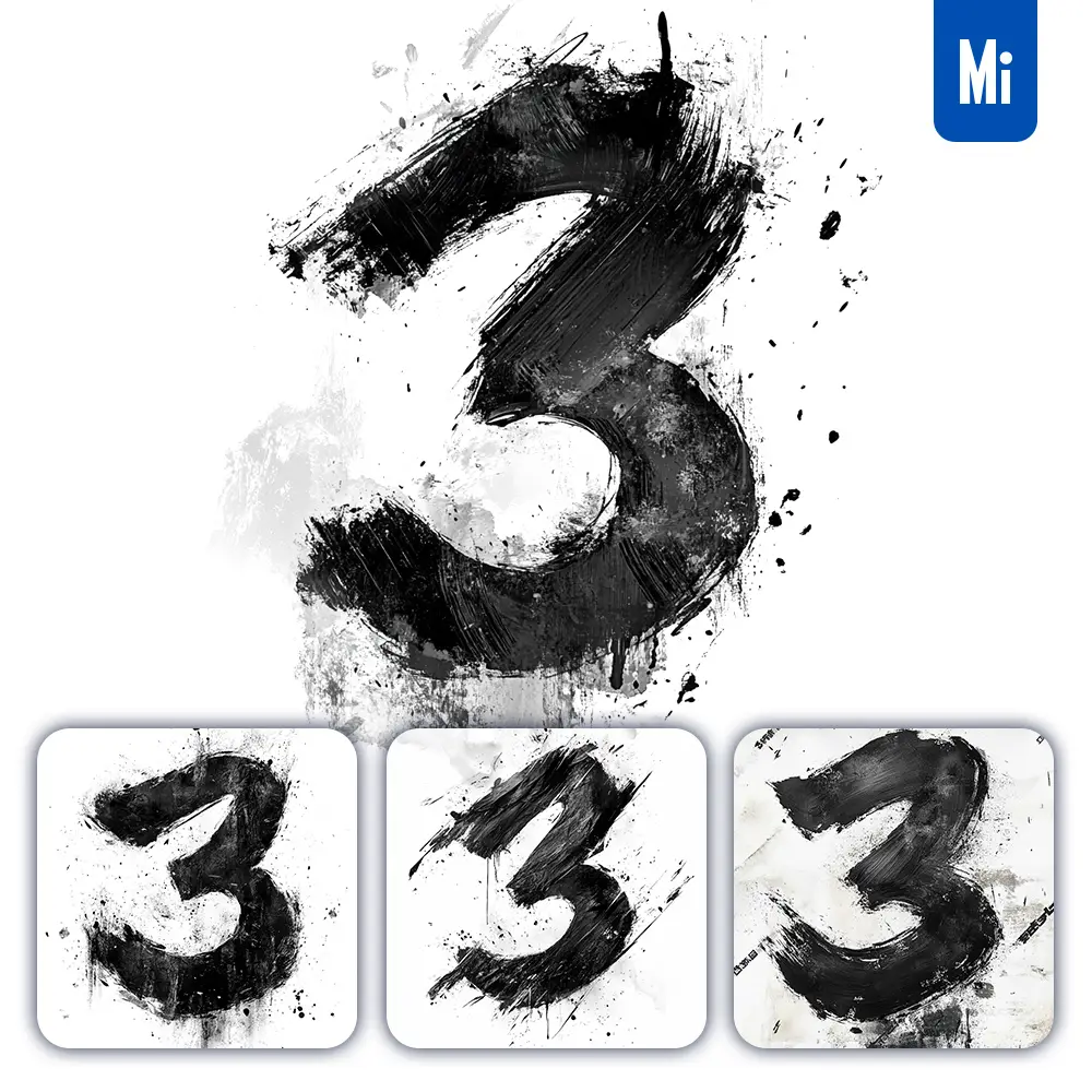 Midjourney Prompt 3 Number Black White Chinese Ink Brushstroke Calligraphy Brush Painting