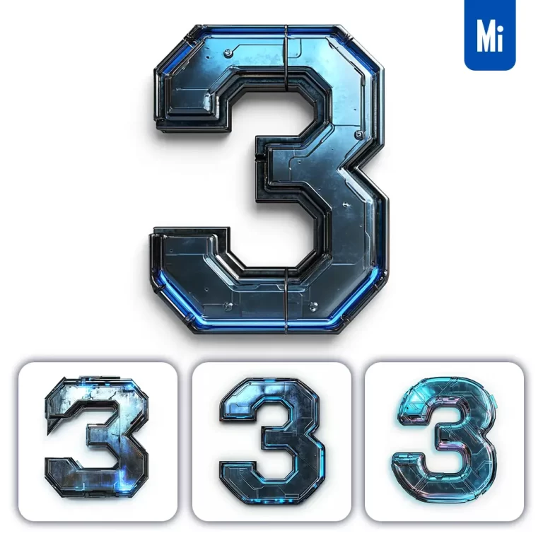 midjourney prompt 3 Number cyberpunk steel technology futuristic 3D blue