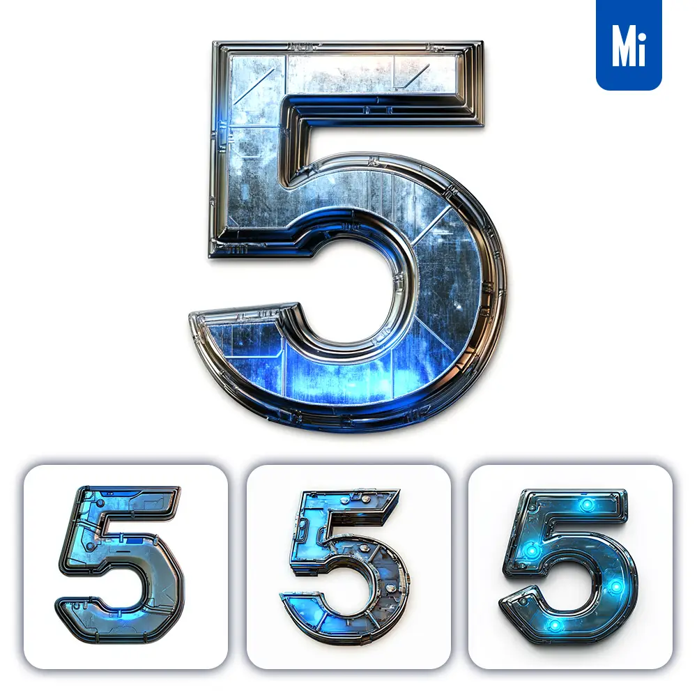 midjourney prompt 5 Number cyberpunk steel technology futuristic 3D blue