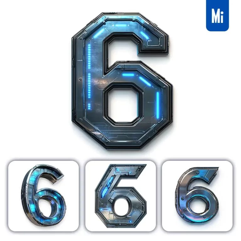 midjourney prompt 6 Number cyberpunk steel technology futuristic 3D blue
