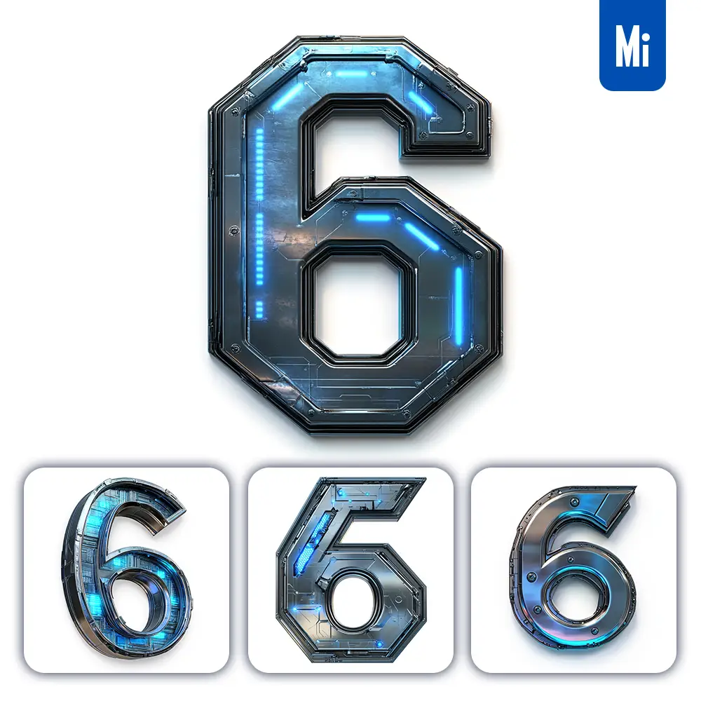 midjourney prompt 6 Number cyberpunk steel technology futuristic 3D blue