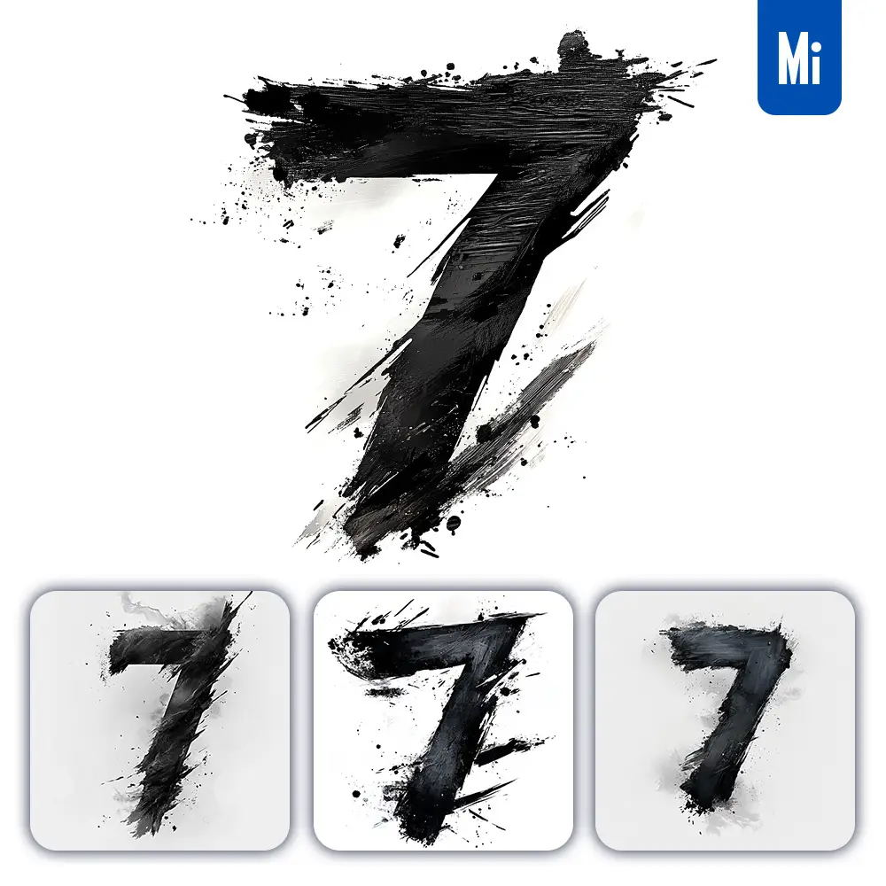 Midjourney Prompt 7 Number Black White Chinese Ink Brushstroke Calligraphy Brush Painting