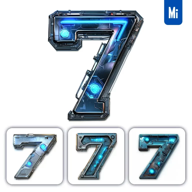 midjourney prompt 7 Number cyberpunk steel technology futuristic 3D blue