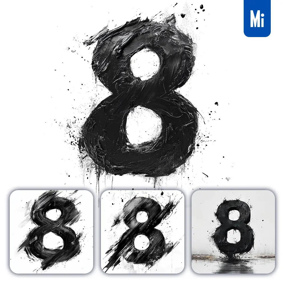 Midjourney Prompt 8 Number Black White Chinese Ink Brushstroke Calligraphy Brush Painting