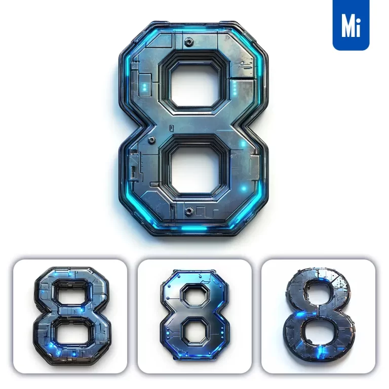 midjourney prompt 8 Number cyberpunk steel technology futuristic 3D blue