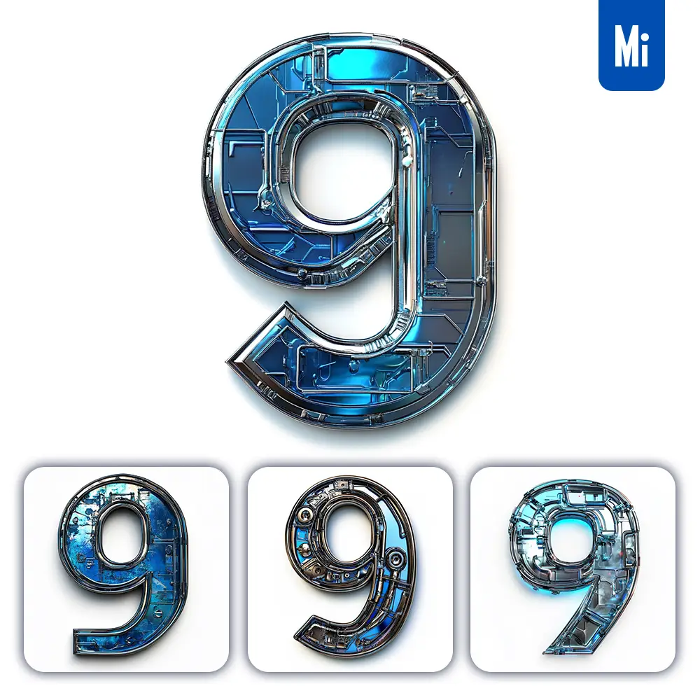 midjourney prompt 9 Number cyberpunk steel technology futuristic 3D blue
