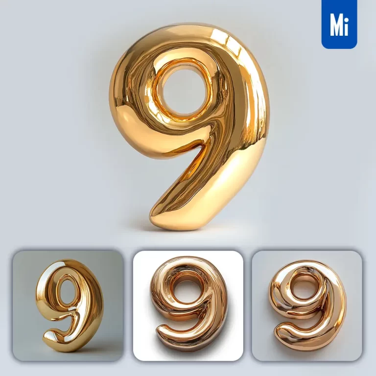 midjourney prompt 9 number gold golden single smooth glossy 3D rendering