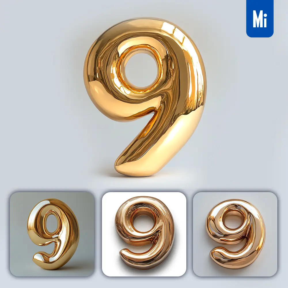 Midjourney Prompt 9 Number Gold Golden Single Smooth Glossy 3d Rendering