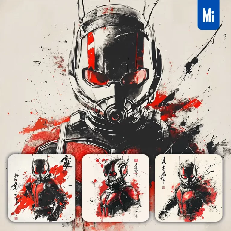 midjourney prompt Ant Man Marvel Comics front portrait Chinese ink painting brush strokes pose traditional artistic monochrome