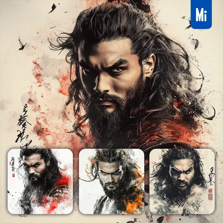 midjourney prompt Aquaman DC Comics front portrait Chinese ink painting brush strokes pose traditional artistic monochrome