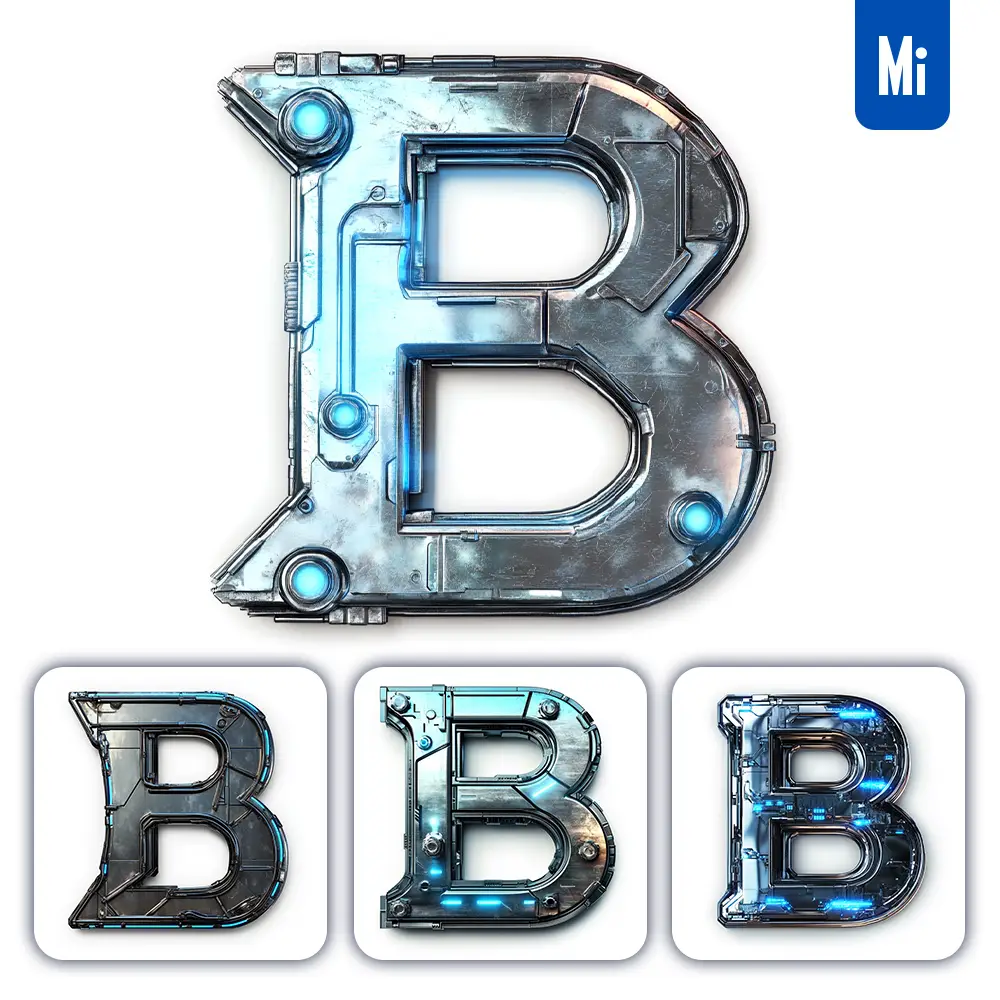 midjourney prompt B letter cyberpunk steel technology futuristic 3D blue