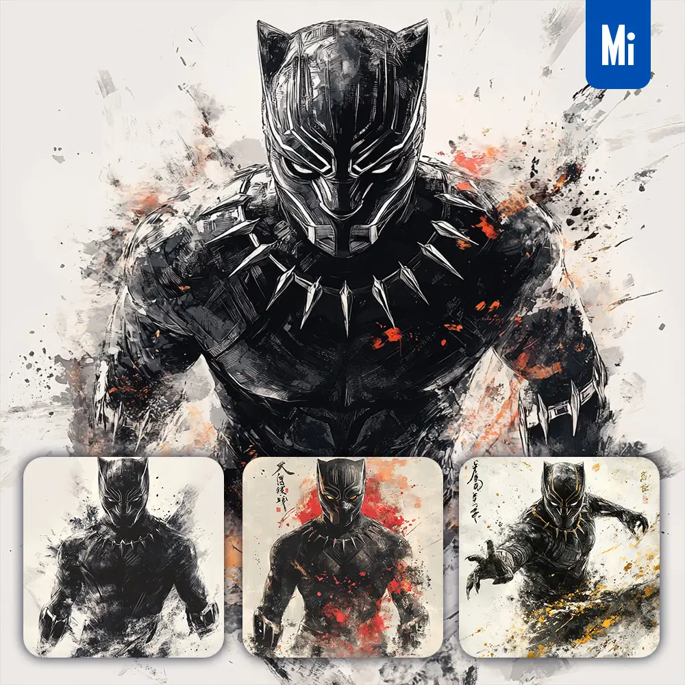 Midjourney Prompt Black Panther Marvel Comics Front Portrait Chinese Ink Painting Brush Strokes Pose Traditional Artistic Monochrome