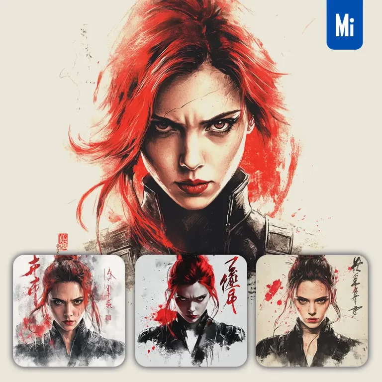 midjourney prompt Black Widow Marvel Comics front portrait Chinese ink painting brush strokes pose traditional artistic monochrome