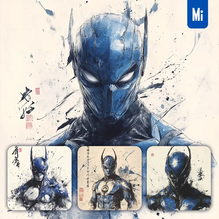 midjourney prompt Blue Beetle DC Comics front portrait Chinese ink painting brush strokes pose traditional artistic monochrome