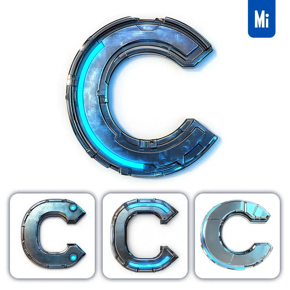midjourney prompt C letter cyberpunk steel technology futuristic 3D blue