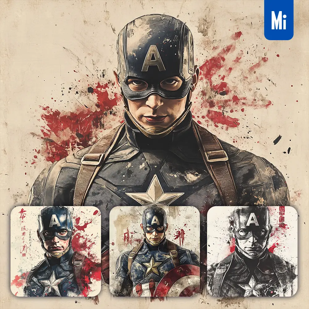 Midjourney Prompt Captain America Marvel Comics Front Portrait Chinese Ink Painting Brush Strokes Pose Traditional Artistic Monochrome