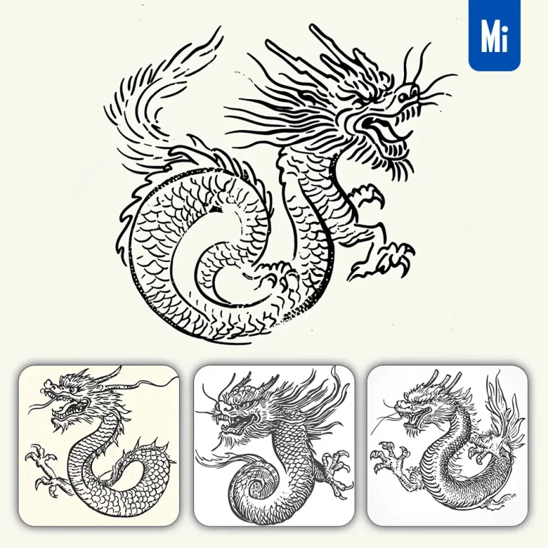 midjourney prompt Chinese dragon black and white Japanese lines vector drawing illustration