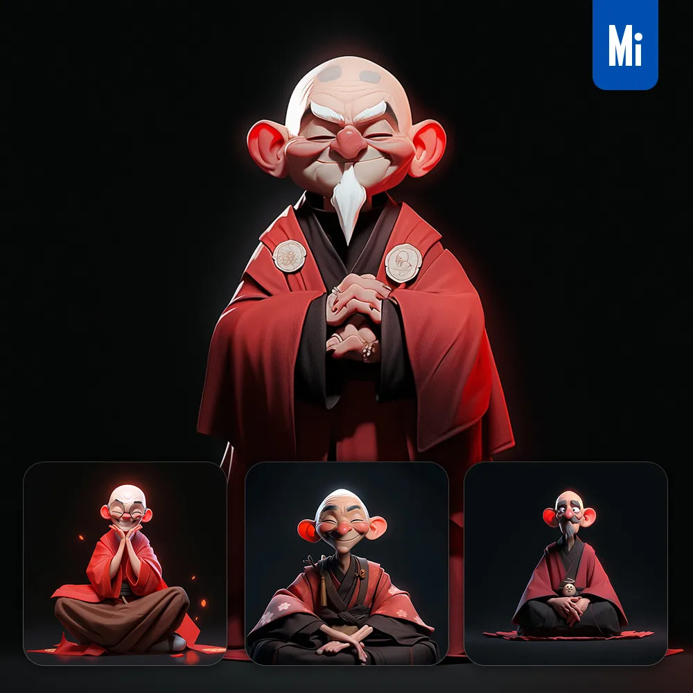 midjourney prompt Chinese old monk red cassock bald sit 3D cartoon