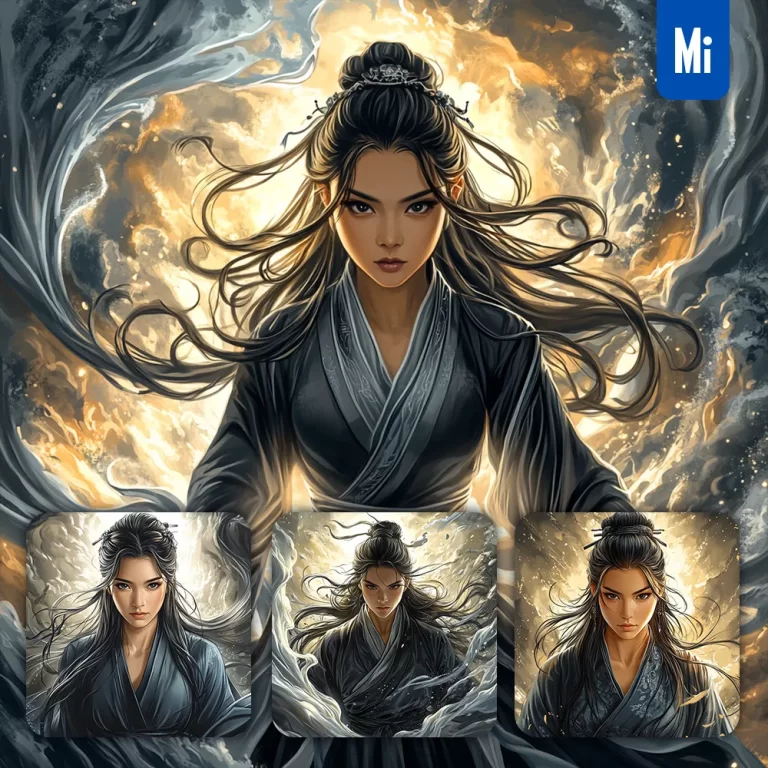 midjourney prompt Chinese woman portrait hairband robes ink painting illustration